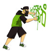 Cartoon illustration of male figure drawing graffiti using spray