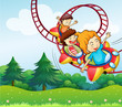 Three kids riding in the roller coaster