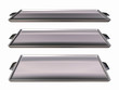 three perspectives of a silver cookie sheet