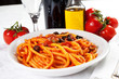 pasta with olives, bacon and sauce