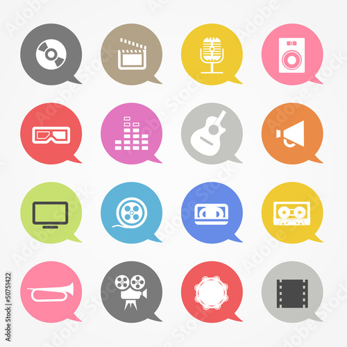 Vector: Media web icons set in color speech clouds Media web icons set in color speech clouds