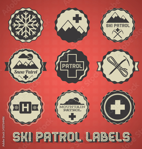 Vector: Vector Set: Vintage Ski Patrol Labels and Icons Vector Set: Vintage Ski Patrol Labels and Icons
