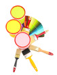 Set for painting: paint pots, brushes, palette of colors