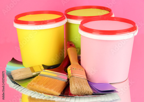 Photo: Set for painting: paint pots, brushes, palette of colors Set for painting: paint pots, brushes, palette of colors