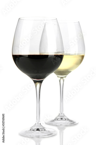 Photo: Two glasses of red and white wine, isolated on white Two glasses of red and white wine, isolated on white
