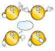 Collection of thinking golden coins with various gestures.