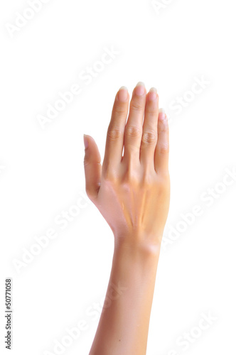 Photo: Woman hand raised up. Isolated on white background. Woman hand raised up. Isolated on white background.