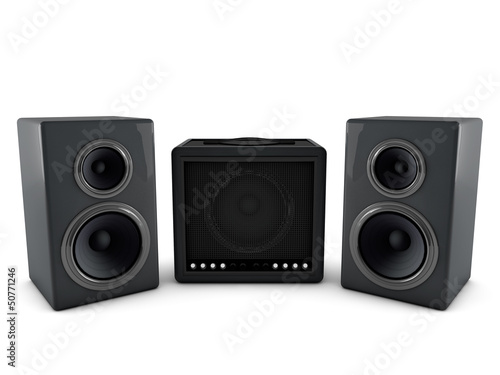 Illustration: 3d amplifier and speaker isolated on white background 3d amplifier and speaker isolated on white background