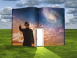 Book with science fiction scene and open doorway of light