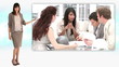 Businesswoman standing next to montage of business meeting