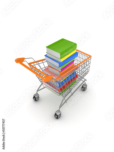Illustration: Colorful books in a shopping trolley. Colorful books in a shopping trolley.