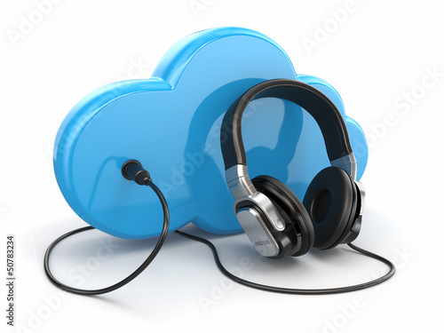 Illustration: Cloud computing multimedia concept. Headphones and clouds. Cloud computing multimedia concept. Headphones and clouds.