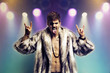 Foto: Portrait of young man in fur coat making rebellious hand gestures in rock concert Portrait of young man in fur coat making rebellious hand gestures in rock concert