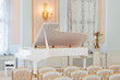 white grand piano on concert hall with rows of chairs