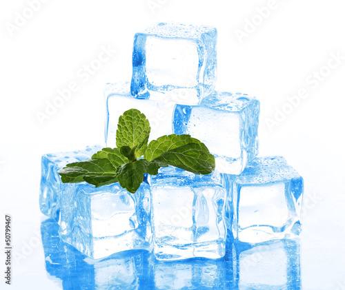 Photo: Ice cubes with mint isolated on white Ice cubes with mint isolated on white