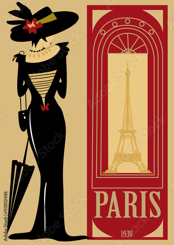 Vector: paris, rétro, personnage, mode, tour Eiffel, ville, robe paris, rétro, personnage, mode, tour Eiffel, ville, robe