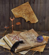 Magic book with ball and pentacle on the wall