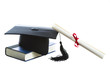 Graduation hat, Diploma and book isolated on white