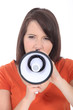 Brunette woman speaking into megaphone
