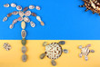 picture of seashells, tropical beach, palm tree, turtles, sun