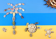 picture of seashells, tropical beach, palm tree, two turtles and