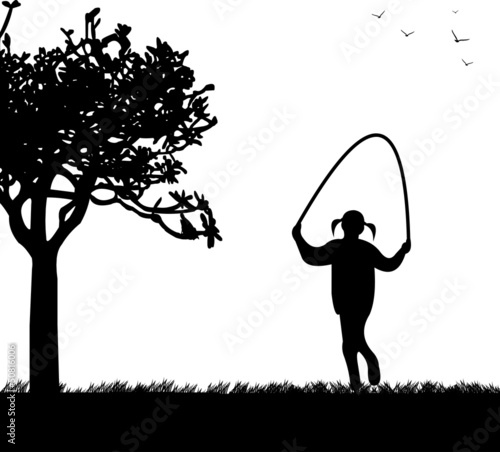 Vector: A little girl playing skipping rope in park in spring silhouette A little girl playing skipping rope in park in spring silhouette