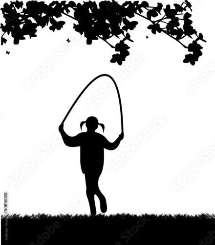 Vector: A little girl playing skipping rope in park in spring silhouette A little girl playing skipping rope in park in spring silhouette