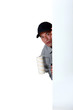 A scared painter hiding behind a wall.