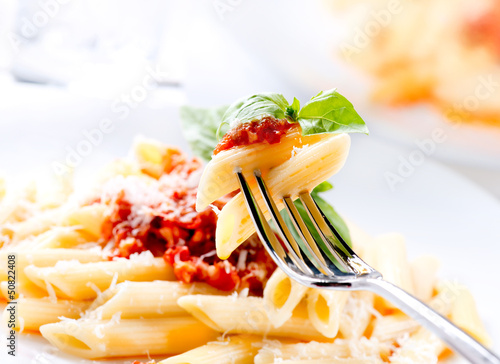 Photo: Pasta Penne with Bolognese Sauce, Basil and Parmesan Pasta Penne with Bolognese Sauce, Basil and Parmesan
