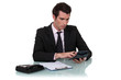 Worker using calculator