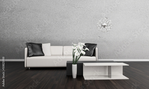 Illustration: Modern white couch in front of colorful wall | 3d interior Modern white couch in front of colorful wall | 3d interior