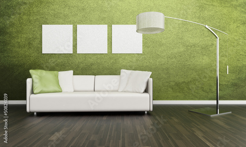 Illustration: Modern white couch in front of colorful wall | 3d interior Modern white couch in front of colorful wall | 3d interior