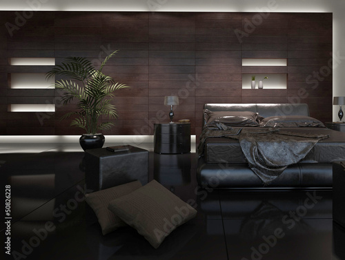 Illustration: Modern Design Bed Room with Black Pillows Modern Design Bed Room with Black Pillows