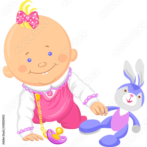 Vector: Vector cute baby girl playing with a toy rabbit Vector cute baby girl playing with a toy rabbit