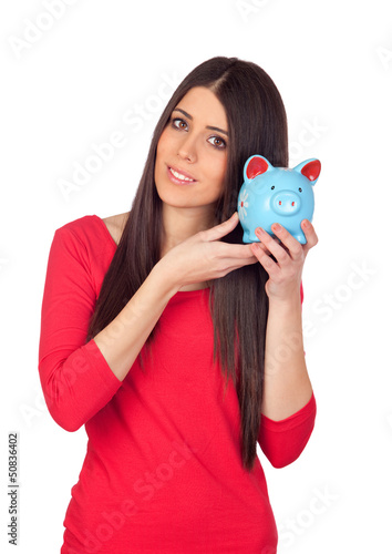 Photo: Attractive girl with money box Attractive girl with money box