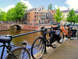 Amsterdam canal scence with bicycles and bridges