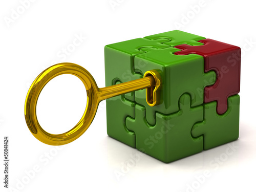 Illustration: Puzzle cube with golden key. Puzzle cube with golden key.