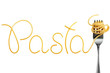 Word pasta made of cooked spaghetti with fork