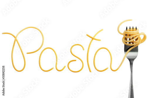 Photo: Word pasta made of cooked spaghetti with fork Word pasta made of cooked spaghetti with fork