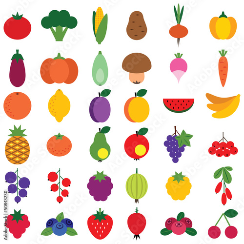 Vector: Set of fruits and vegetables isolated on white Set of fruits and vegetables isolated on white