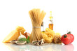 Pasta spaghetti, vegetables, spices and oil, isolated on white