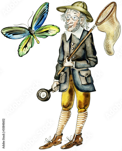 Illustration: Funny butterfly hunter in vintage suit Funny butterfly hunter in vintage suit