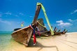 Tropical beach landscape. Thai traditional long tail boats