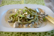 Siinatbandnudeln mit Champignons und Lauch