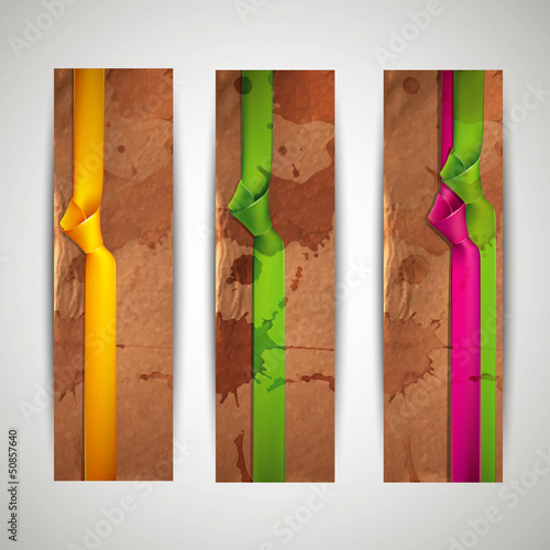 Vector: banners with grunge cardboard texture and multicolored ribbons banners with grunge cardboard texture and multicolored ribbons