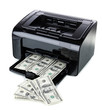 Printer printing fake dollar bills isolated on white
