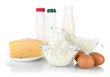 Dairy products and eggs isolated on white