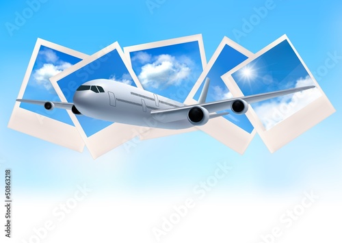 Vector: Travel background with airplane in front of photos of blue sky. Travel background with airplane in front of photos of blue sky.