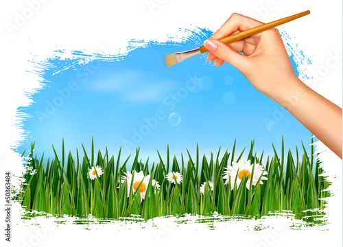 Vector: Nature background with hand holding a brush. Vector illustration Nature background with hand holding a brush. Vector illustration