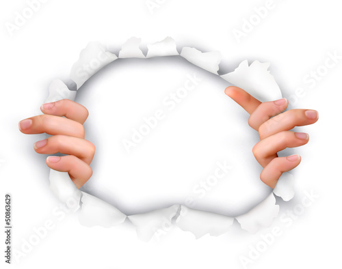 Vector: Background with hands showing trough a hole of in white paper. V Background with hands showing trough a hole of in white paper. V